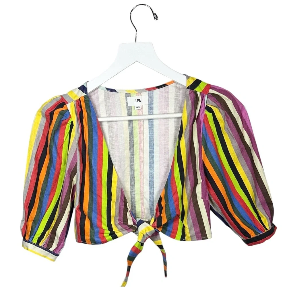 LPA Rainbow Stripe Tie Front Crop Top Short Sleeve W2192 Sz XXS